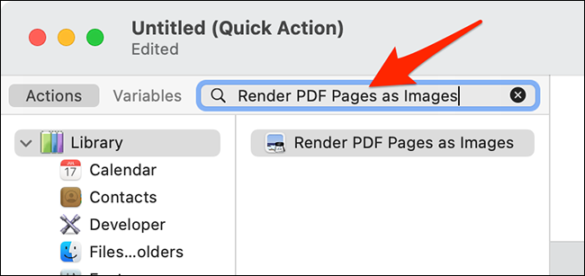 Procure a ação "Render PDF Pages as Images" no Automator.