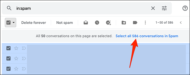 Selecione "Selecionar todas as conversas X na pasta" no Gmail.