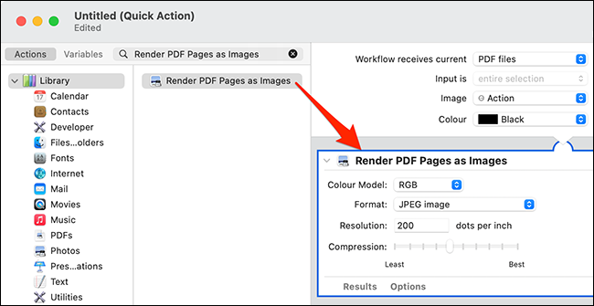 Adicione a ação "Renderizar páginas PDF como imagens" ao fluxo de trabalho no Automator.