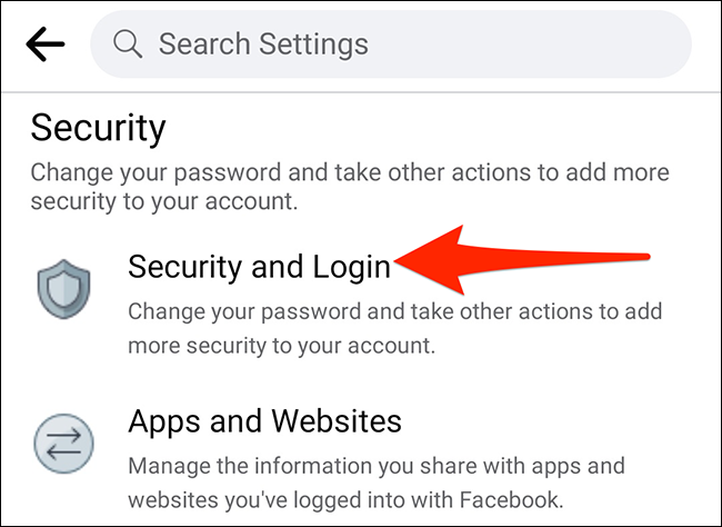 Selecione "Segurança e Login" no menu "Configurações" do aplicativo do Facebook.