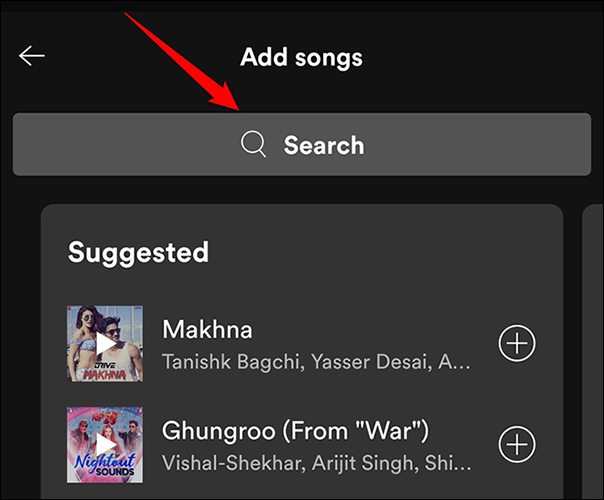 Toque em "Pesquisar" na página "Adicionar músicas" no aplicativo Spotify.
