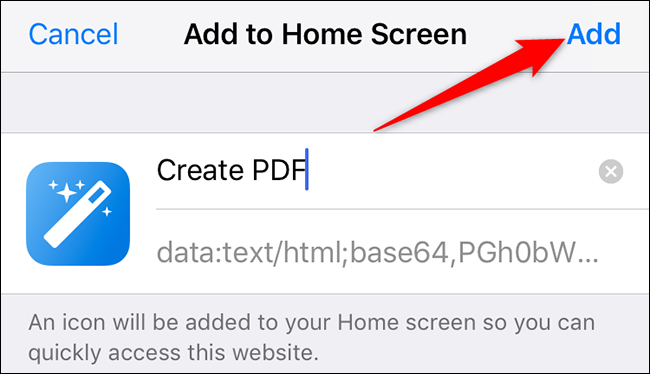 Selecione "Adicionar" na página "Adicionar à tela inicial" de um iPhone.