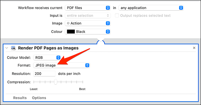 Configure a ação "Render PDF Pages as Images" no Automator.