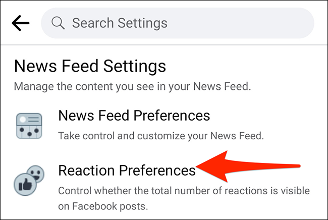 Toque em "Preferências de reação" no menu "Configurações" do aplicativo do Facebook.