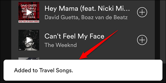 Música adicionada com sucesso a uma lista de reprodução no aplicativo Spotify.