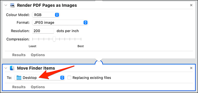 Configure a ação "Move Finder Items" no Automator.