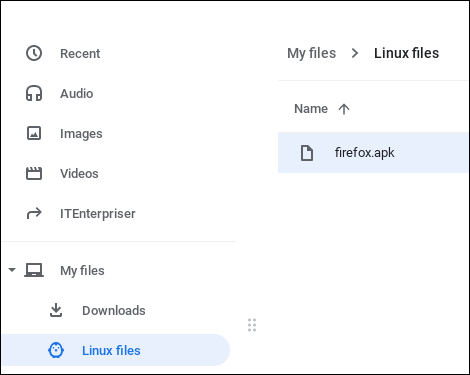 O APK baixado no diretório de arquivos do Linux em um Chromebook