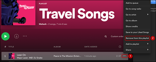 Clique nos três pontos ao lado de uma música e escolha "Remover desta lista de reprodução" no Spotify.