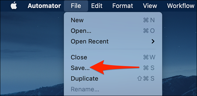 Clique em Arquivo> Salvar no Automator.