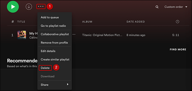 Clique nos três pontos e selecione “Excluir” para uma lista de reprodução no Spotify.