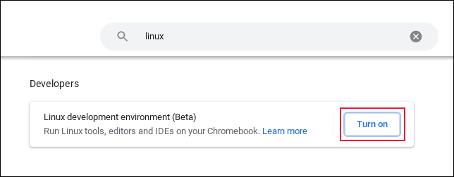 Clique em "Ativar" ao lado da configuração do ambiente de desenvolvimento Linux em um Chromebook