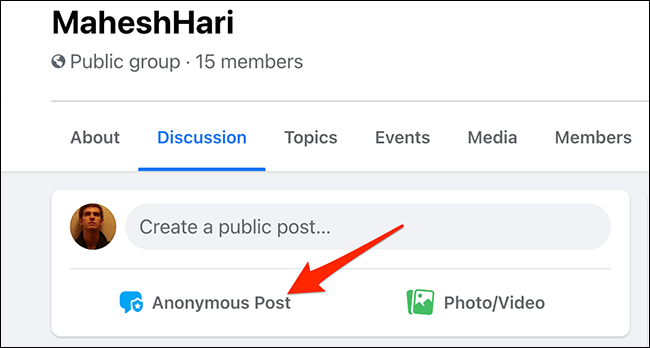 Selecione "Postagem anônima" em uma tela de grupo no site do Facebook.