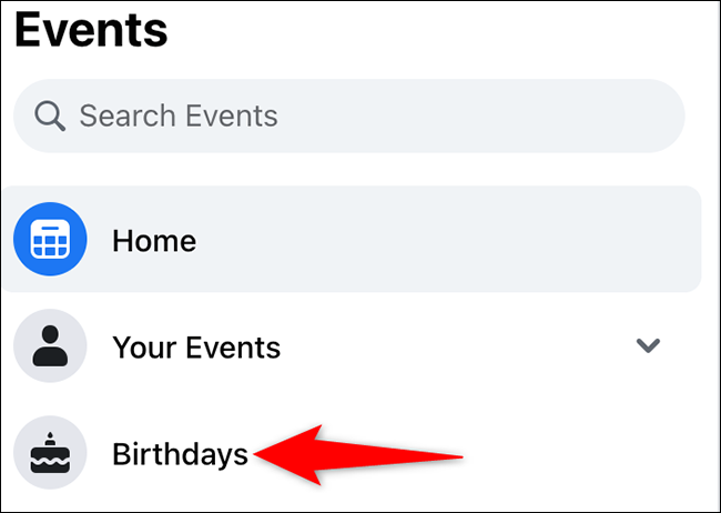 Selecione "Aniversários" na página "Eventos" no site do Facebook.