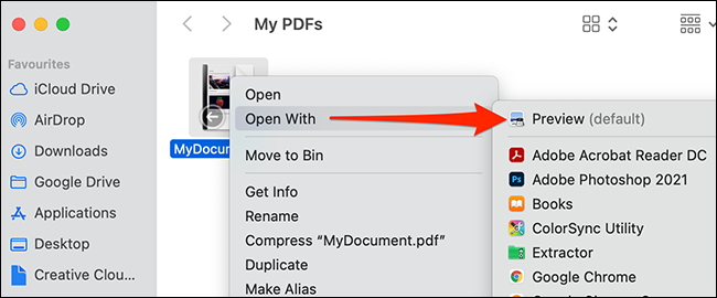 Clique com o botão direito do mouse no arquivo PDF no Finder e selecione Abrir com> Visualizar.