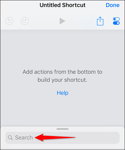 Toque em "Pesquisar" na página "Atalho sem título" em Atalhos.