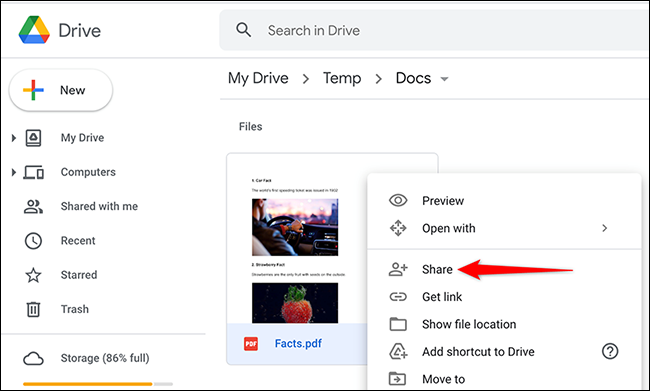 Clique com o botão direito em um arquivo e selecione "Compartilhar" no menu do Google Drive.