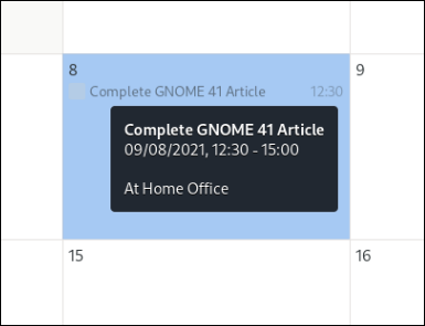 Resumo da dica de ferramenta do calendário GNOME