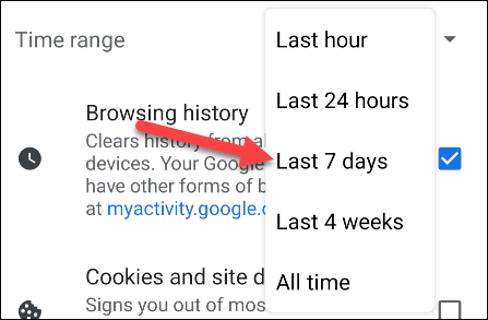 Toque no menu suspenso e escolha um intervalo de tempo de quanto tempo você deseja limpar.