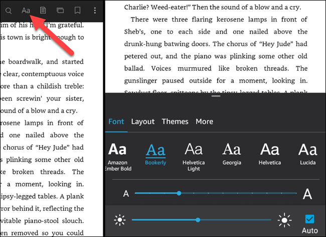 Configurações de texto do aplicativo Kindle.