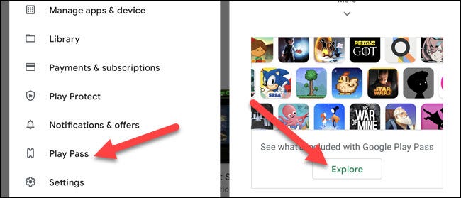 Vá para a página "Play Pass" e toque em "Explorar".