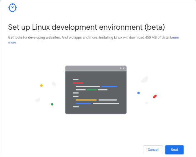 Tela de confirmação do ambiente de desenvolvimento Linux em um Chromebook