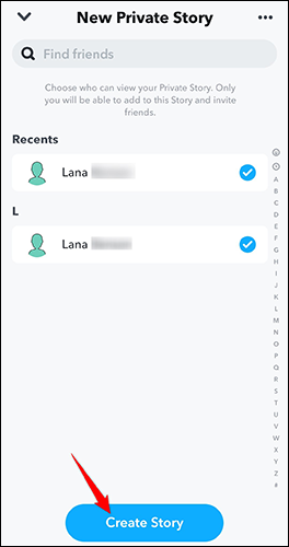 Selecione amigos e toque em "Criar história" na tela "Nova história privada" no Snapchat.
