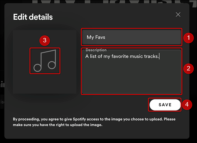 Preencha os detalhes da lista de reprodução na janela "Editar detalhes" do Spotify.