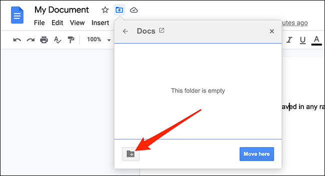 Clique na opção “Nova pasta” no menu mover no site do Google Docs.