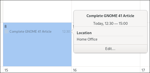Calendário GNOME pequeno resumo da caixa de diálogo