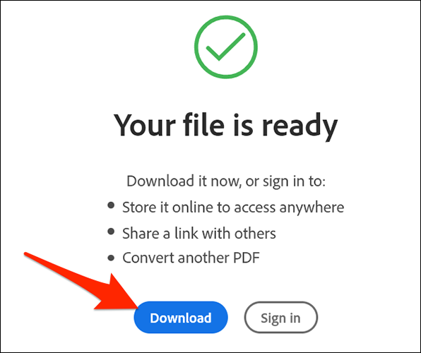 Clique em "Download" na seção "Seu arquivo está pronto" do site de conversão de PDF em JPG da Adobe.