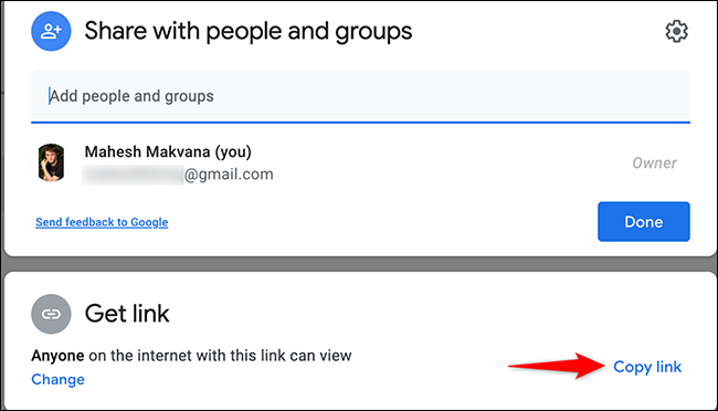 Selecione "Copiar link" na janela "Compartilhar com pessoas e grupos" no Google Drive.