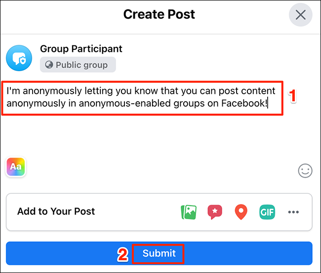 Escreva uma postagem e clique em "Enviar" na janela "Criar postagem" do site do Facebook.