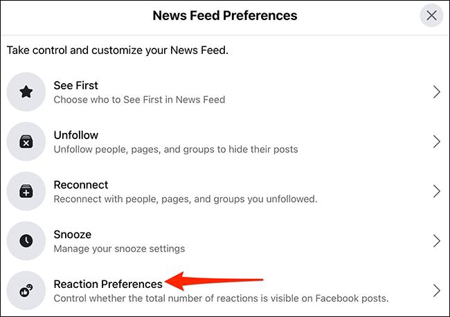 Selecione "Preferências de reação" na janela "Preferências do feed de notícias" no site do Facebook.