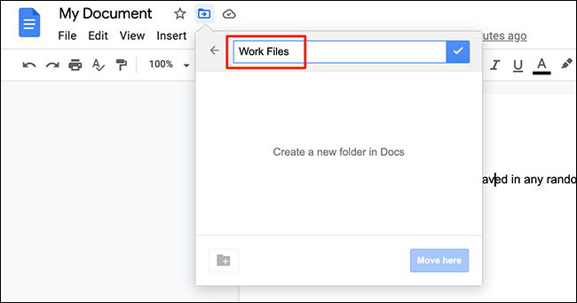 Digite um novo nome de pasta no menu mover no site do Google Docs.