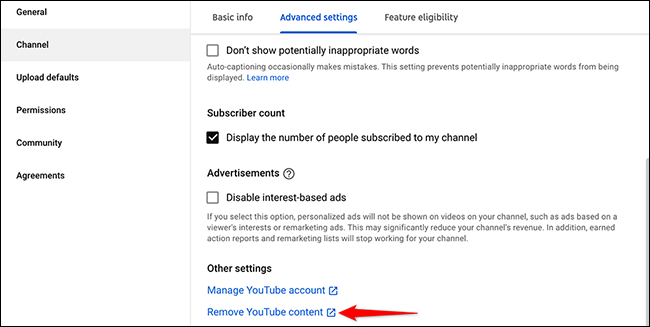 Selecione "Remover conteúdo do YouTube" na janela "Configurações" no site YouTube Studio.