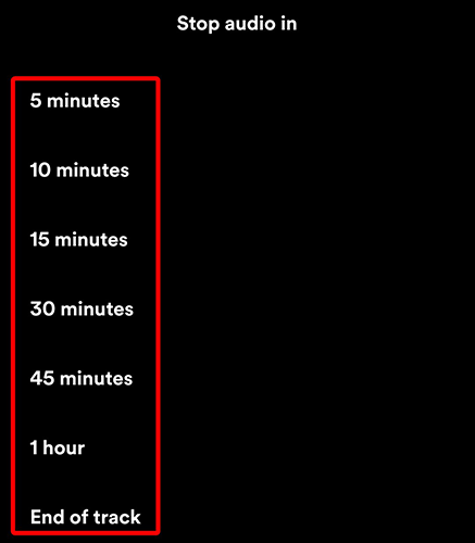 Escolha um período de tempo na página "Stop Audio In" do aplicativo Spotify.