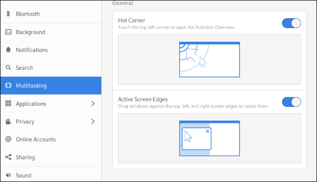 Página de configurações multitarefa do GNOME