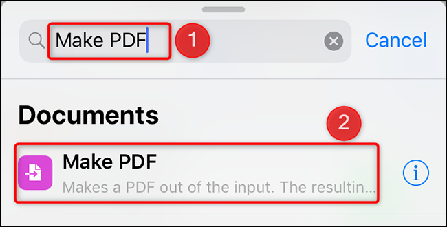 Procure por "Criar PDF" e selecione-o em Atalhos.