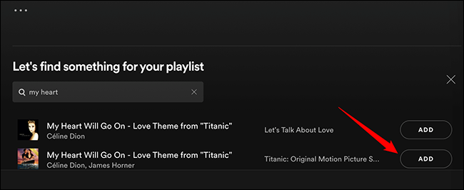 Clique em “Adicionar” ao lado de uma música no Spotify.