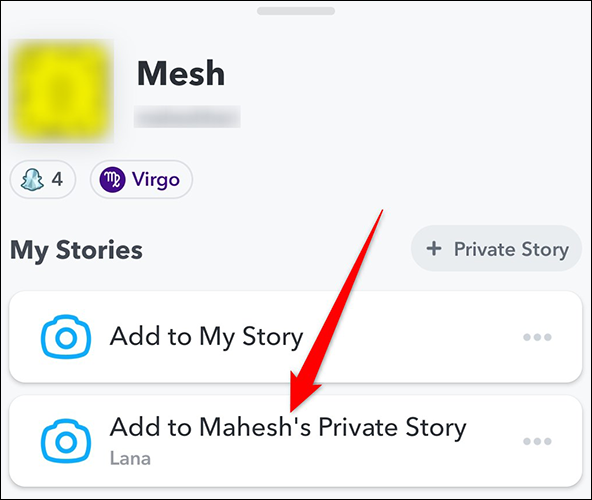 Toque em História privada na página de perfil do Snapchat.