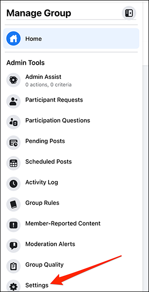 Selecione "Configurações" em "Ferramentas de administração" para um grupo no site do Facebook.