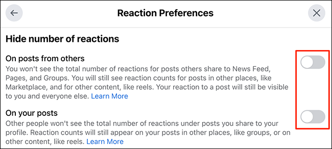 Oculte contagens semelhantes usando a janela "Preferências de reação" no site do Facebook.