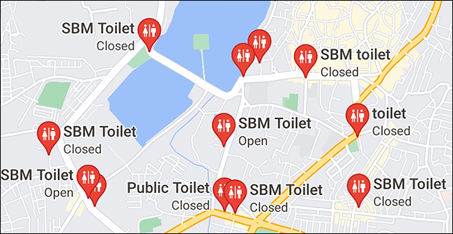 Banheiros públicos destacados em um mapa no aplicativo do Google Maps.
