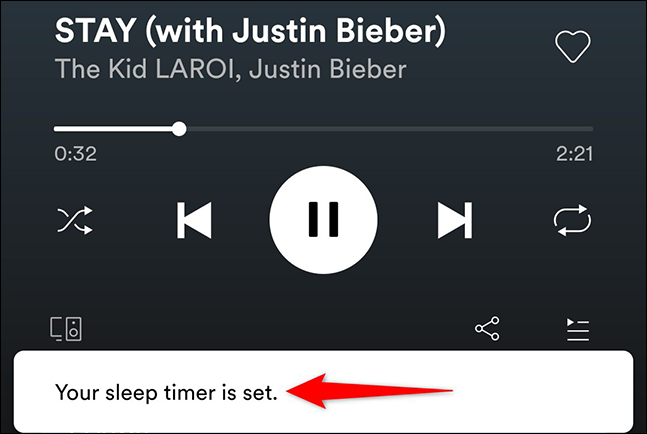 A mensagem "Your Sleep Timer is Set" no aplicativo Spotify.