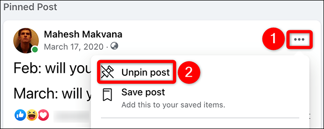 Selecione "Desafixar postagem" no menu de três pontos para uma postagem fixada no Facebook.
