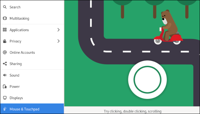 Tela de configurações do mouse e touchpad GNOME