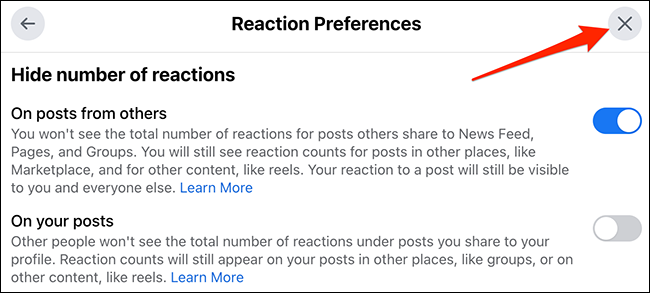 Clique no "X" na parte superior da janela "Preferências de reação" no site do Facebook.
