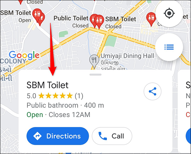 Detalhes para um banheiro no aplicativo do Google Maps.