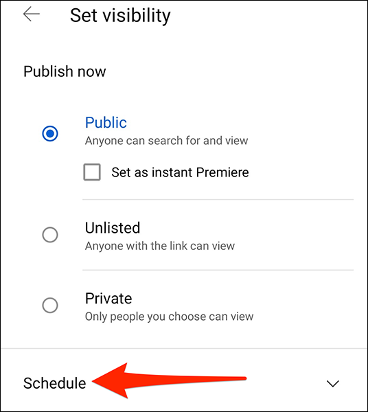 Toque em "Agendar" para agendar o lançamento de um vídeo no app do YouTube.