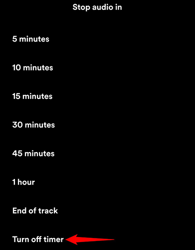 Selecione "Turn Off Timer" na página "Stop Audio In" do aplicativo Spotify.